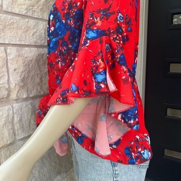Women's Boho Floral Print Flare Sleeve Off the Shoulder Tie Knot Blouse Small - Picture 6 of 12